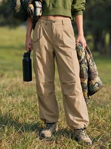 WanderVale Women's Solid Color Button Casual Versatile Daily Travel Sports Long Pants - Khaki - View 3