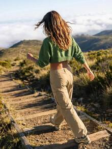 WanderVale Women's Solid Color Button Casual Versatile Daily Travel Sports Long Pants - Khaki - View 2