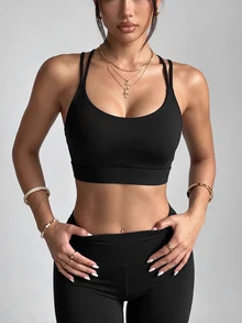 Slayform Slayform Solid Color Seamless Backless Halter Neck Sports Tank Top - Black - View 4