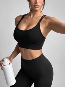 Slayform Slayform Solid Color Seamless Backless Halter Neck Sports Tank Top - Black - View 3
