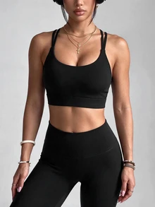 Slayform Slayform Solid Color Seamless Backless Halter Neck Sports Tank Top - Black - View 5