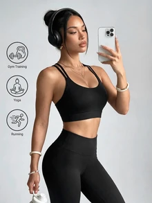 Slayform Slayform Solid Color Seamless Backless Halter Neck Sports Tank Top - Black - View 2