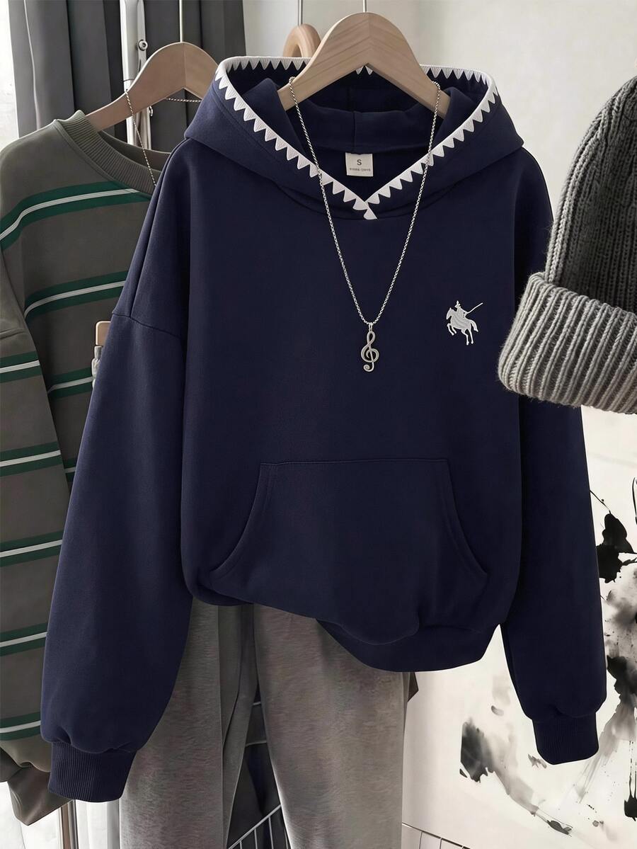 SHEIN 青少年女孩秋季深藍色刺繡小馬圖案運動衫,百搭休閒運動街頭風 - 藏蓝色 - 查看 1