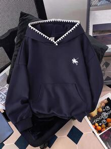 SHEIN 青少年女孩秋季深藍色刺繡小馬圖案運動衫，百搭休閒運動街頭風 - 藏蓝色 - 查看 7