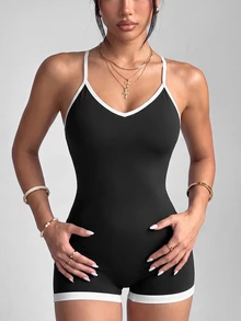 SHEIN Dewbera Women's Colorblock Trim Backless Outdoor Sports Romper - Black and White - View 4