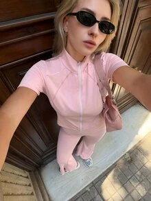 SHEIN Sports 女款短袖上衣與長褲運動套裝 - 粉色 - 查看 12