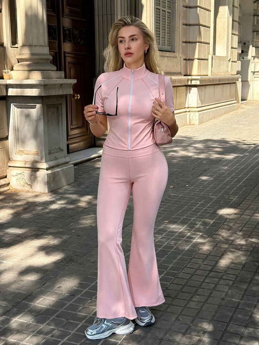 SHEIN Sports 女款短袖上衣與長褲運動套裝 - 粉色 - 查看 1