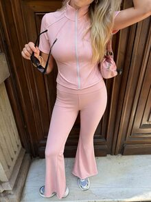 SHEIN Sports 女款短袖上衣與長褲運動套裝 - 粉色 - 查看 9