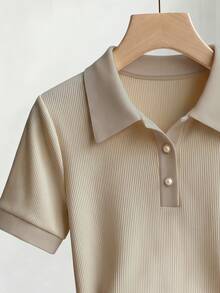 Franclia Women's Casual Elegant Solid Color T-Shirt - Khaki - View 3