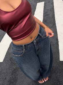 Dazy Plus Loose Streetwear Washed Distressed Curved Leg Casual Long Pants All Season Retro Washed Denim Jeans Fall - Dark Wash - View 4