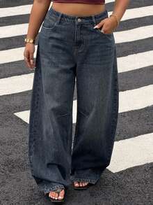 Dazy Plus Loose Streetwear Washed Distressed Curved Leg Casual Long Pants All Season Retro Washed Denim Jeans Fall - Dark Wash - View 2