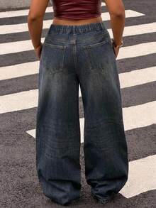 Dazy Plus Loose Streetwear Washed Distressed Curved Leg Casual Long Pants All Season Retro Washed Denim Jeans Fall - Dark Wash - View 3
