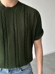 DAZY 男士短袖純色羅紋軍綠色通勤針織上衣 秋季 - 軍綠色 - 查看 5