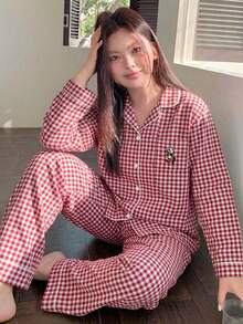 Dazy Plus 格紋寬鬆睡衣套裝，居家休閒服，四季秋季適用 - 紅白色 - 查看 2