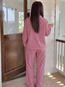 Dazy Plus 格紋寬鬆睡衣套裝，居家休閒服，四季秋季適用 - 紅白色 - 查看 3