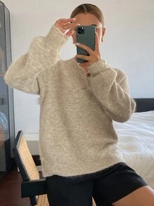 DAZY Women's Loose Long Sleeve Pullover Knit Sweater, Casual Vacation Old Money Style, Autumn/Winter - Apricot - View 5