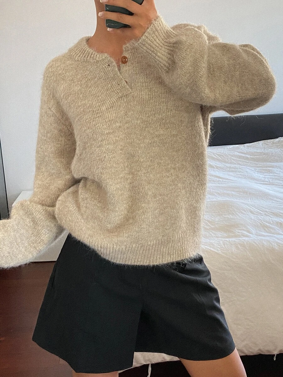 DAZY Women's Loose Long Sleeve Pullover Knit Sweater, Casual Vacation Old Money Style, Autumn/Winter - Apricot - View 1