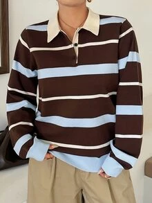 Dazy Plus Autumn/Winter New Loose Business Casual Striped Color Block Patchwork Pullover Knit Sweater - Brown - View 5