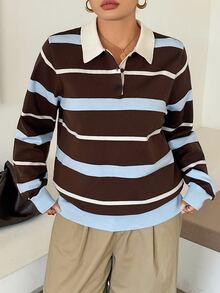 Dazy Plus Autumn/Winter New Loose Business Casual Striped Color Block Patchwork Pullover Knit Sweater - Brown - View 7
