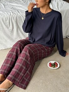 Dazy Plus 2pcs Plus Size Loose Solid Color Short Sleeve T-Shirt & Plaid Loose Straight Leg Long Pajama Pants Set Fall - Navy Blue - View 4