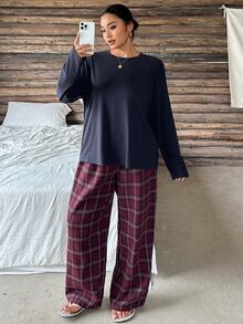 Dazy Plus 2pcs Plus Size Loose Solid Color Short Sleeve T-Shirt & Plaid Loose Straight Leg Long Pajama Pants Set Fall - Navy Blue - View 3