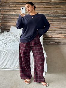 Dazy Plus 2pcs Plus Size Loose Solid Color Short Sleeve T-Shirt & Plaid Loose Straight Leg Long Pajama Pants Set Fall - Navy Blue - View 7