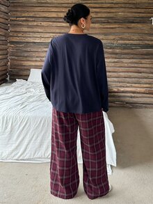 Dazy Plus 2pcs Plus Size Loose Solid Color Short Sleeve T-Shirt & Plaid Loose Straight Leg Long Pajama Pants Set Fall - Navy Blue - View 2