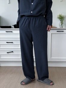 DAZY Spring/Autumn Long Sleeve Shirt And Elastic Waist Long Pants Set, Navy Blue With Black Striped Textured Fabric, Men's Loungewear - Blue - View 9