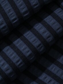 DAZY Spring/Autumn Long Sleeve Shirt And Elastic Waist Long Pants Set, Navy Blue With Black Striped Textured Fabric, Men's Loungewear - Blue - View 3