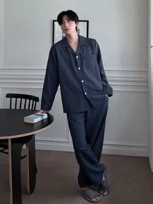 DAZY Spring/Autumn Long Sleeve Shirt And Elastic Waist Long Pants Set, Navy Blue With Black Striped Textured Fabric, Men's Loungewear - Blue - View 6