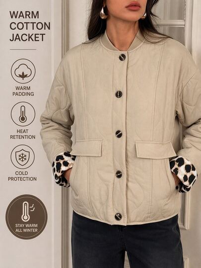 SHEIN Tall Women's Quilted Down Jacket, Button Front Design, Casual, Suitable For Autumn/Winter, Comfortable And Versatile Women's Autumn/Winter Clothing