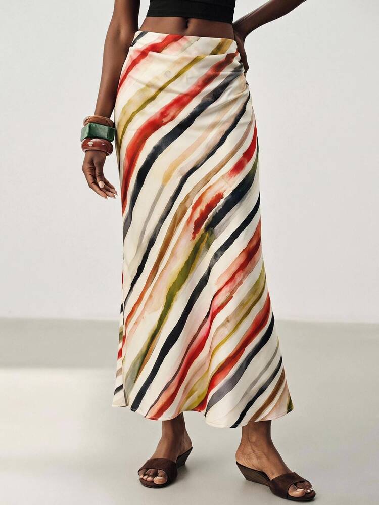 Aveloria Modichic Women's Satin Textured Fabric Slim Fit Bias Cut Skirt, Diagonal Beige Striped Print, High Waist Cinched Design, Elegant Artistic Style, Autumn - Beige - View 7