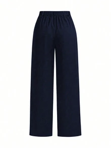 EMERY ROSE Plus Size Solid Color Casual Straight Leg Woven Suit Trousers Graduation,Back To School,Teacher Outfits For Women Winter Fall Autumn - Navy Blue - View 2