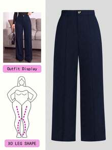 EMERY ROSE Plus Size Solid Color Casual Straight Leg Woven Suit Trousers Graduation,Back To School,Teacher Outfits For Women Winter Fall Autumn - Navy Blue - View 1