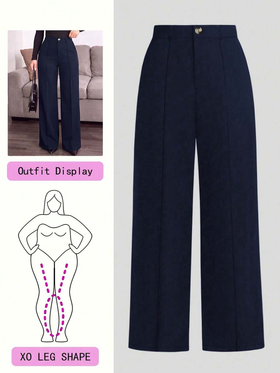 EMERY ROSE Plus Size Solid Color Casual Straight Leg Woven Suit Trousers Graduation,Back To School,Teacher Outfits For Women Winter Fall Autumn - Navy Blue - View 1