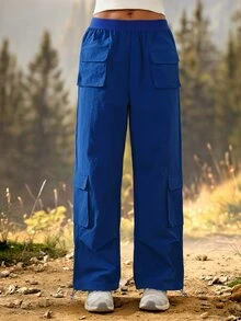 Exploreva Women's Solid Color Casual Versatile Daily Outdoor Hiking Long Pants - Blue - View 3
