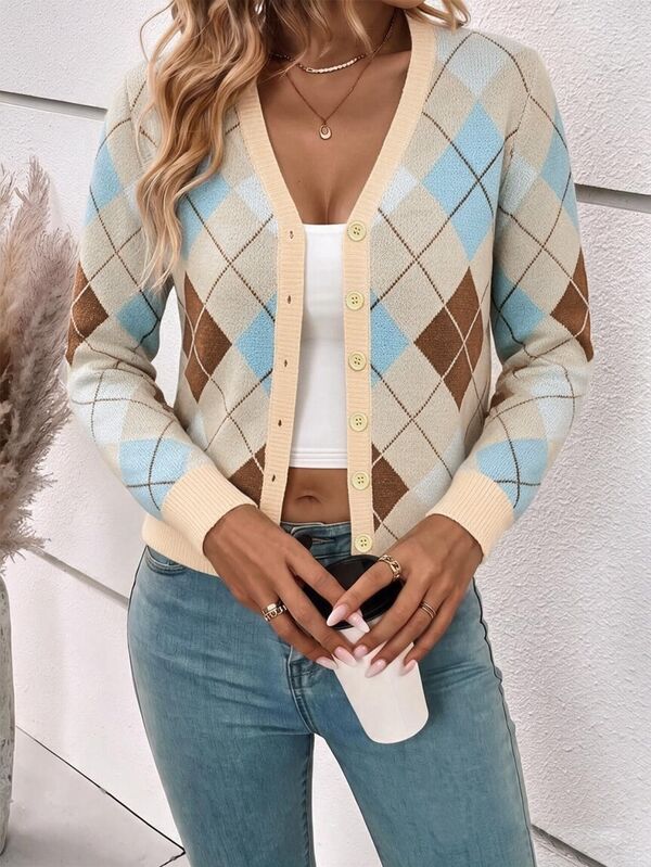 Muvela Cardigan Tipis Wanita, Pakaian Penting Awal Musim Gugur, Motif Kotak-kotak Berlian Berwarna-warni, Pakaian Kasual Streetwear