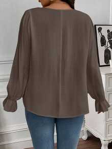 SHEIN Clasi Plus Size Women's Casual Everyday Commute Solid Color Square Collar Ruffle Sleeve Contrast Lace Loose Blouse, Spring/Autumn Fall - Brown - View 2