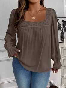 SHEIN Clasi Plus Size Women's Casual Everyday Commute Solid Color Square Collar Ruffle Sleeve Contrast Lace Loose Blouse, Spring/Autumn Fall - Brown - View 3