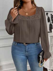 SHEIN Clasi Plus Size Women's Casual Everyday Commute Solid Color Square Collar Ruffle Sleeve Contrast Lace Loose Blouse, Spring/Autumn Fall - Brown - View 6