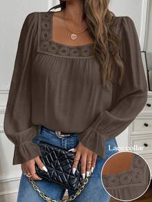 SHEIN Clasi Plus Size Women's Casual Everyday Commute Solid Color Square Collar Ruffle Sleeve Contrast Lace Loose Blouse, Spring/Autumn Fall - Brown - View 1