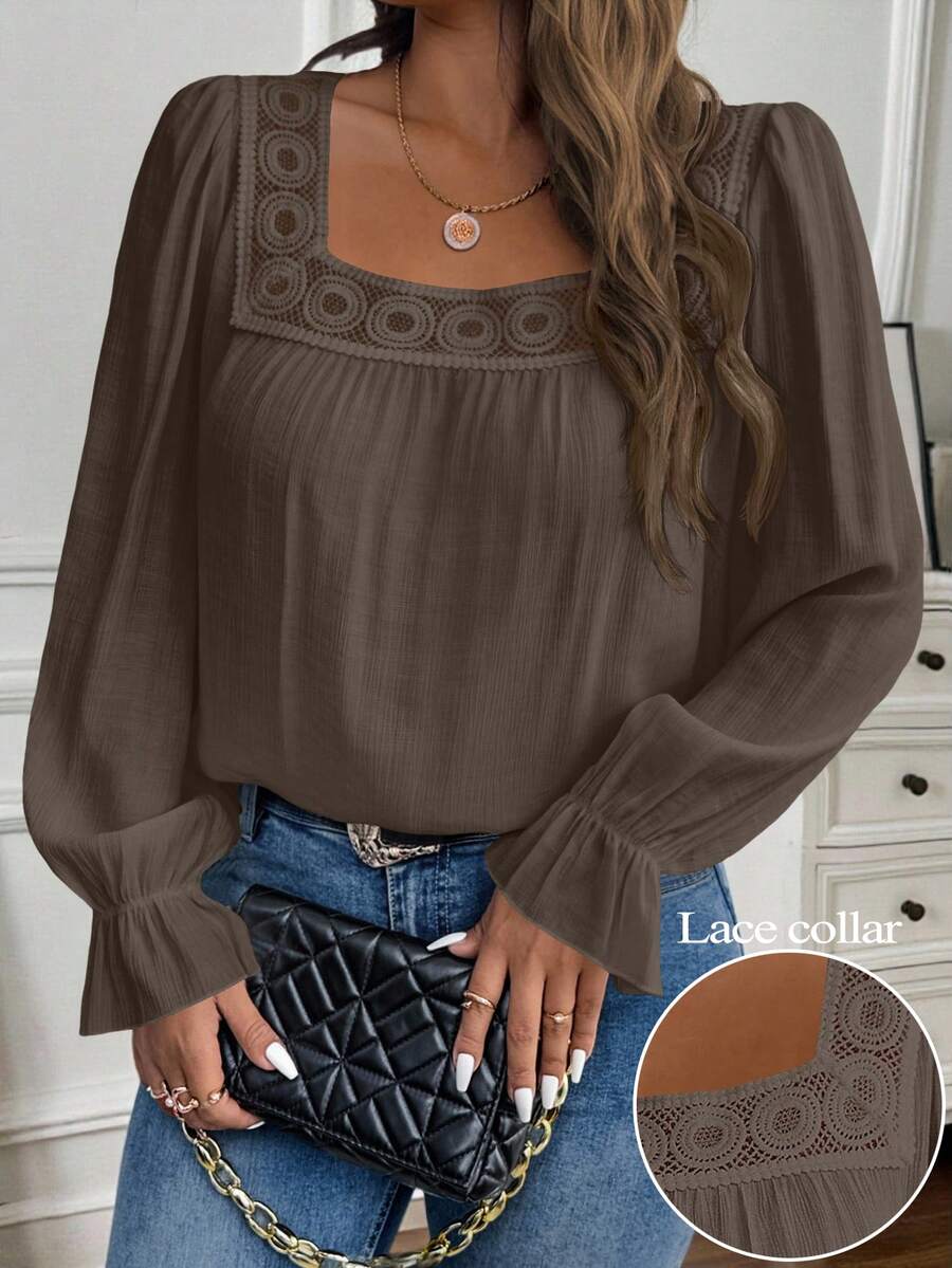 SHEIN Clasi Plus Size Women's Casual Everyday Commute Solid Color Square Collar Ruffle Sleeve Contrast Lace Loose Blouse, Spring/Autumn Fall - Brown - View 1