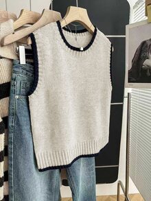 Franclia 女式休闲宽松圆领无袖针织撞色边卡其色毛衣上衣，春秋季 - 杏色 - 查看 4