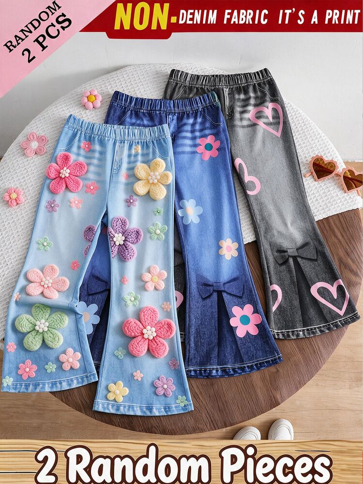 Randomly Shipped 2pcs Young Girls Bow Pants, Y2K, New Fall Looks, Autumn, Back To School, School Denim Like/Denim Look/Lmitation Denim/Denim Print - White - View 3