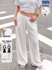 SHEIN PETITE 女款純色休閒百搭寬腿長褲，適合日常穿著、度假穿搭，白色棉質寬腿褲，夏季/秋季，小碼 - 白色 - 查看 8