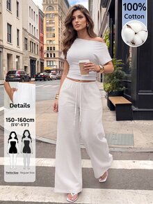SHEIN PETITE 女款純色休閒百搭寬腿長褲，適合日常穿著、度假穿搭，白色棉質寬腿褲，夏季/秋季，小碼 - 白色 - 查看 4