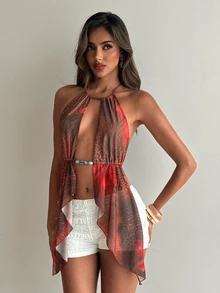 Aloruh Women's Y2K Tropical Sexy Backless Mesh Knit Patchwork Beaded Top, Brown Zebra Print Leopard Print With Animal Print, Beach Vacation, Party, Summer - Multicolor - View 5