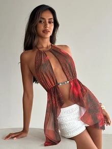 Aloruh Women's Y2K Tropical Sexy Backless Mesh Knit Patchwork Beaded Top, Brown Zebra Print Leopard Print With Animal Print, Beach Vacation, Party, Summer - Multicolor - View 4