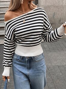 SHEIN Off-Shoulder Contrast Stripe Versatile Long Sleeve Pullover Sweater - Black and White - View 4