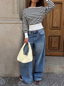 SHEIN Off-Shoulder Contrast Stripe Versatile Long Sleeve Pullover Sweater - Black and White - View 6